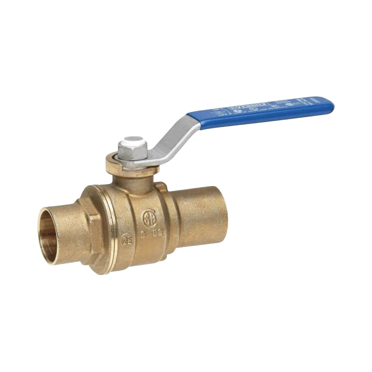 The Go Build 3/4 in. Lead Free Brass Sweat x Sweat Ball Valve features a durable metal body, blue lever handle, and is ideal for water or gas flow control with sweat ends for easy pipe connections.